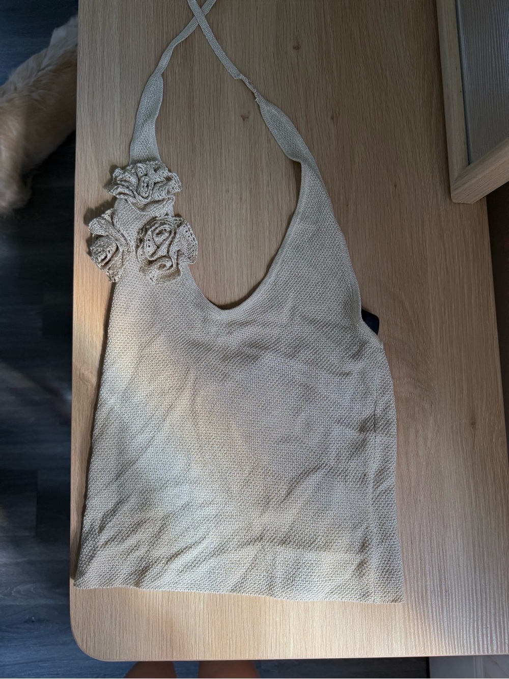 White Fox Boutique Cream Halter Knit Camisole with Rosette Accents